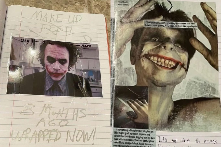 Notebook page with an early Joker makeup test photo labeled "8 months ago" next to a dark and twisted Joker concept illustration.