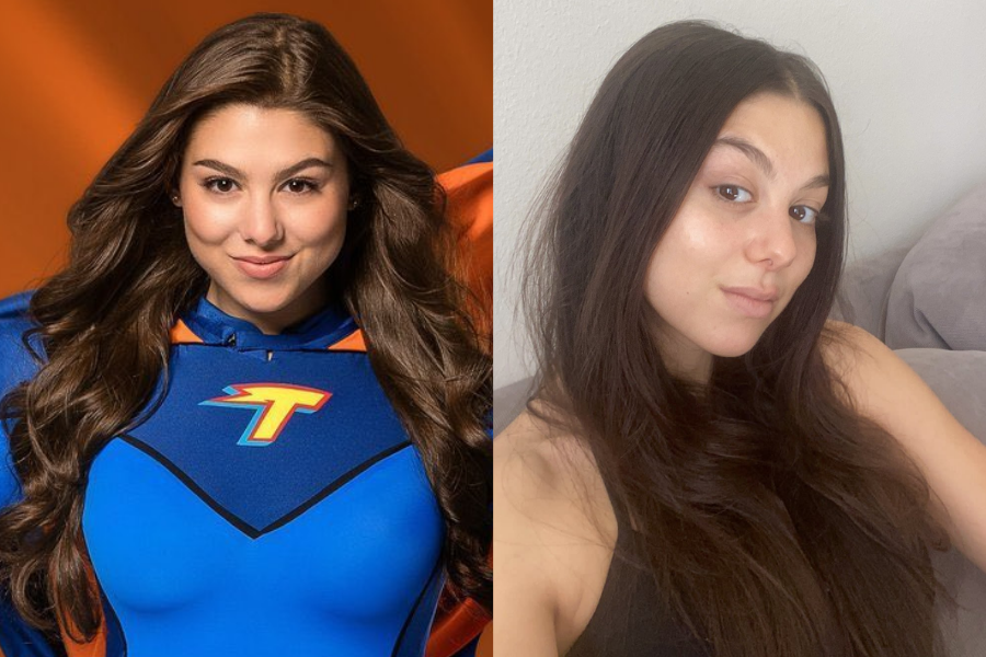 Kira Kosarin dressed in a superhero costume with voluminous waves, beside a makeup-free selfie with long straight hair while lounging casually.