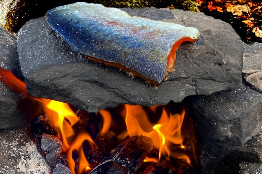 Salmon fillet cooking directly on a flat black rock over an open flame, outdoors in a campfire setting.