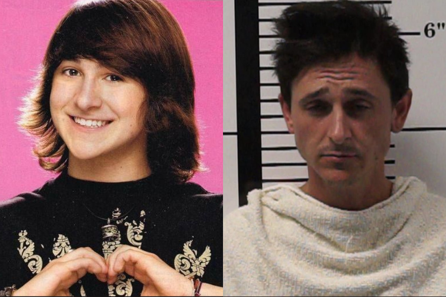 Mitchel Musso smiling in a promotional photo with a pink background, next to a mugshot-style image showing an older, tired expression and disheveled appearance.