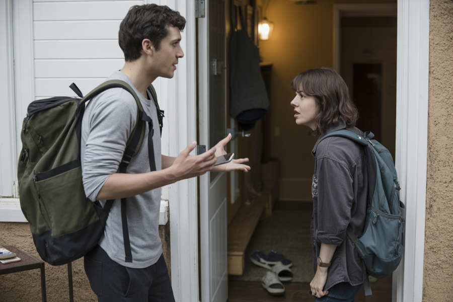 Two young adults with backpacks standing in a doorway having a tense conversation, with expressive hand gestures.