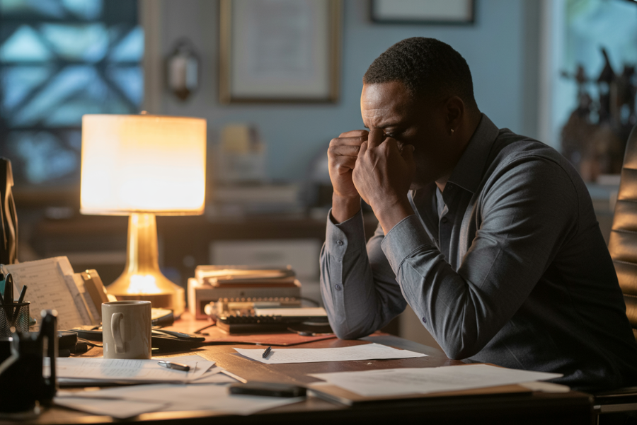 A man in business attire sits at a cluttered desk, rubbing his forehead in frustration or exhaustion under the glow of a desk lamp.