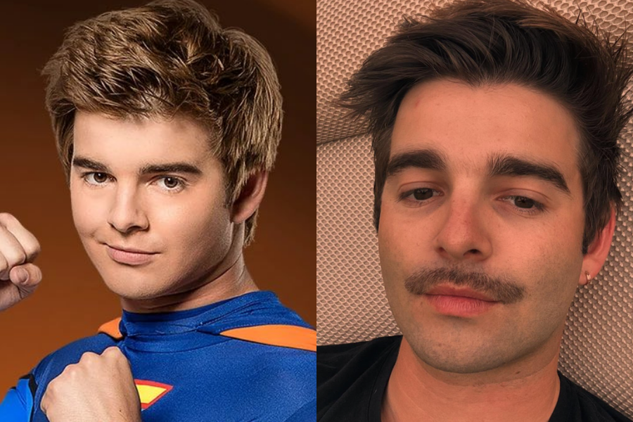 Jack Griffo in a blue and orange superhero suit with fists up, beside a casual selfie showing him with a mustache and relaxed expression.