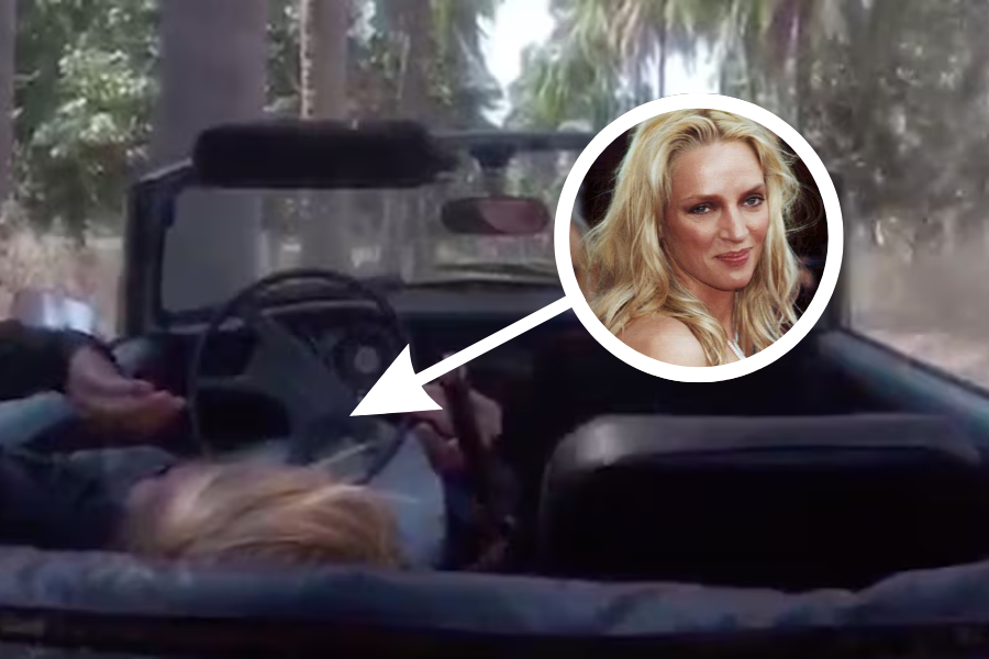 Blurry shot of a woman lying in the back of a moving convertible, with an inset photo identifying the actress.