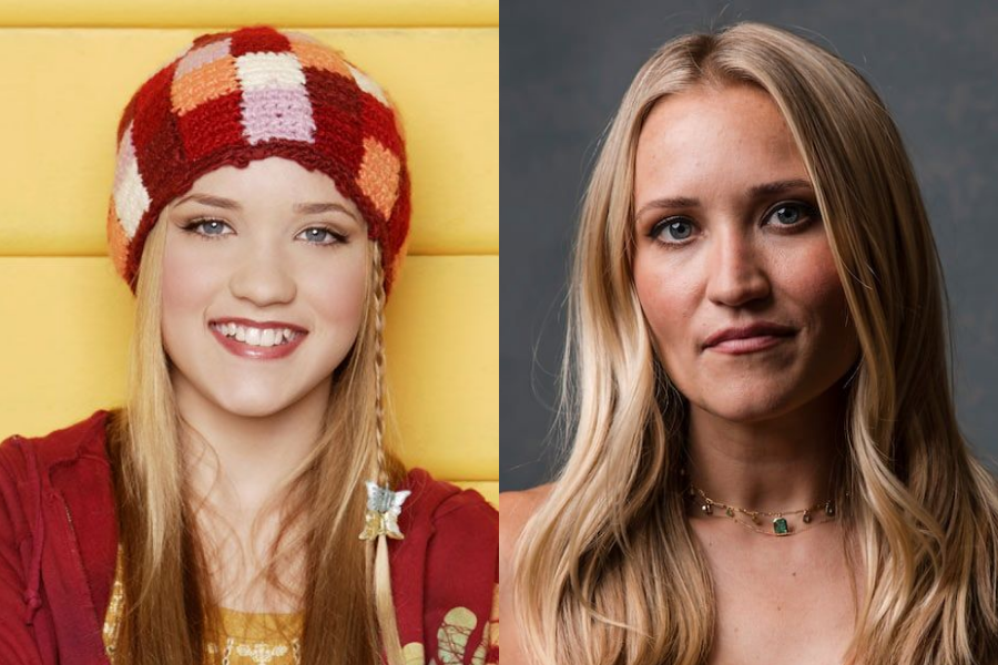 Emily Osment as a teen in a colorful hat with a red hoodie, next to a mature portrait of her with soft waves and a serious expression.