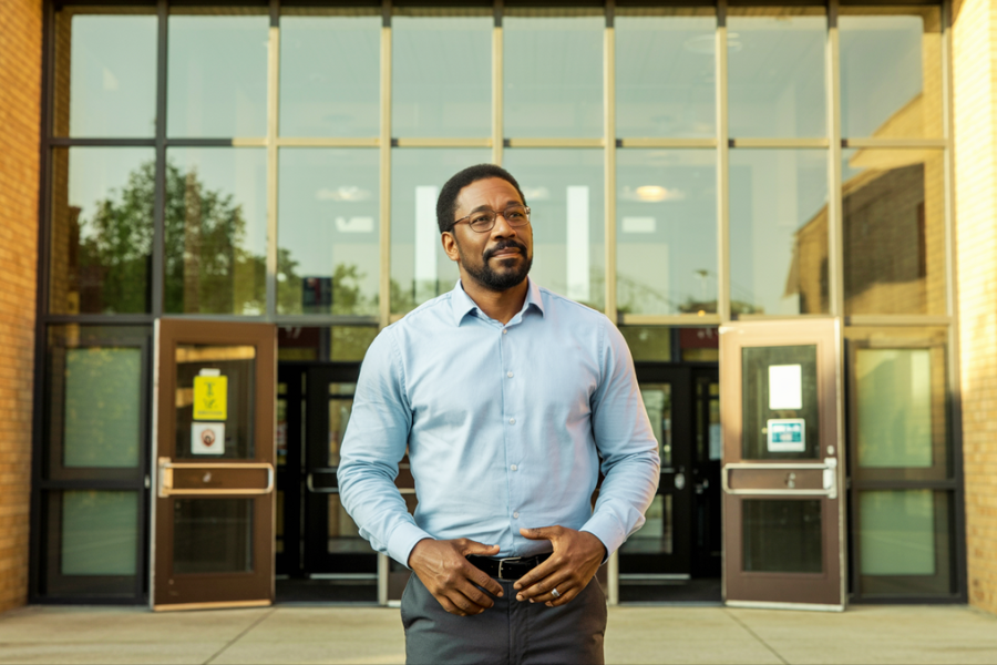 A man in a light blue button-up shirt stands confidently in front of a school building entrance with large glass windows and open doors. He looks off into the distance with a slight smile.