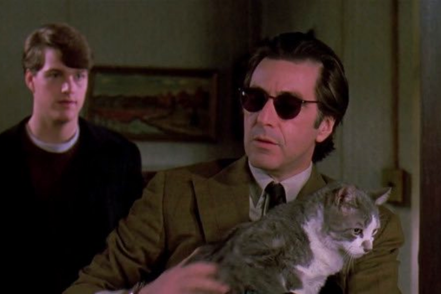 A man in sunglasses holds a cat protectively while another man stands in the background of a modest room.