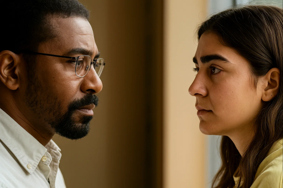 A Student Stared Out the Window—Her Teacher Spotted the Alarming Sign Everyone Else Missed Close-up profile view of a man with glasses and a beard facing a woman with long dark hair, both gazing intently at each other in a softly lit setting.