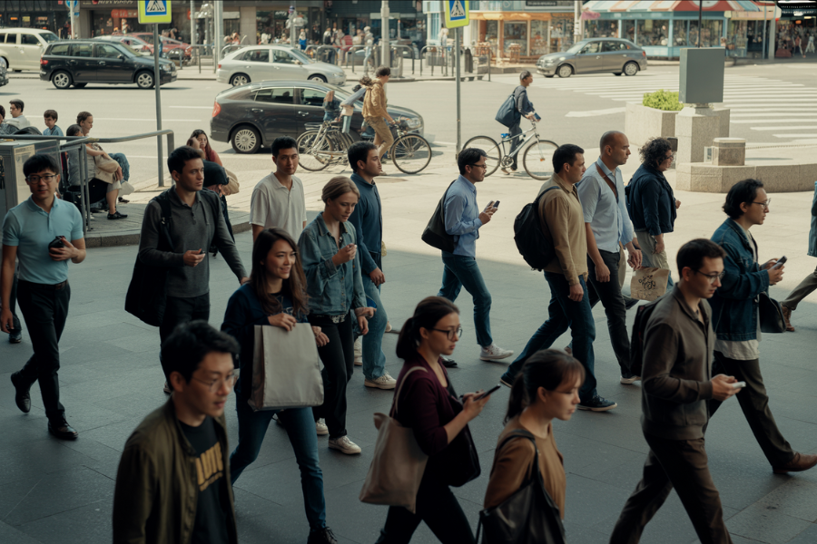A diverse group of pedestrians cross a busy urban intersection, many looking at their phones, with city life bustling in the background.