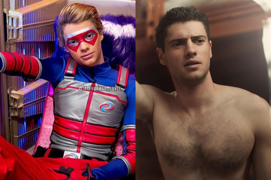 Jace Norman as a superhero in a red and blue suit with a mask, next to a shirtless, serious-faced photo of him as an adult with a muscular build.