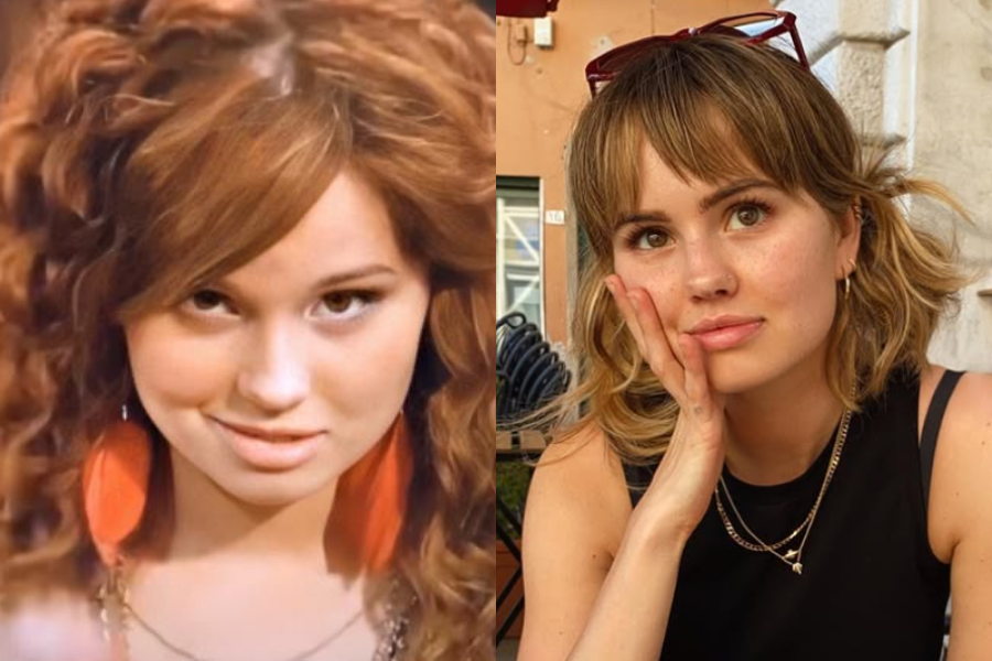Debby Ryan with red curly hair and orange feather earrings in a teen show, beside a candid daytime selfie with blonde bangs and a thoughtful expression.