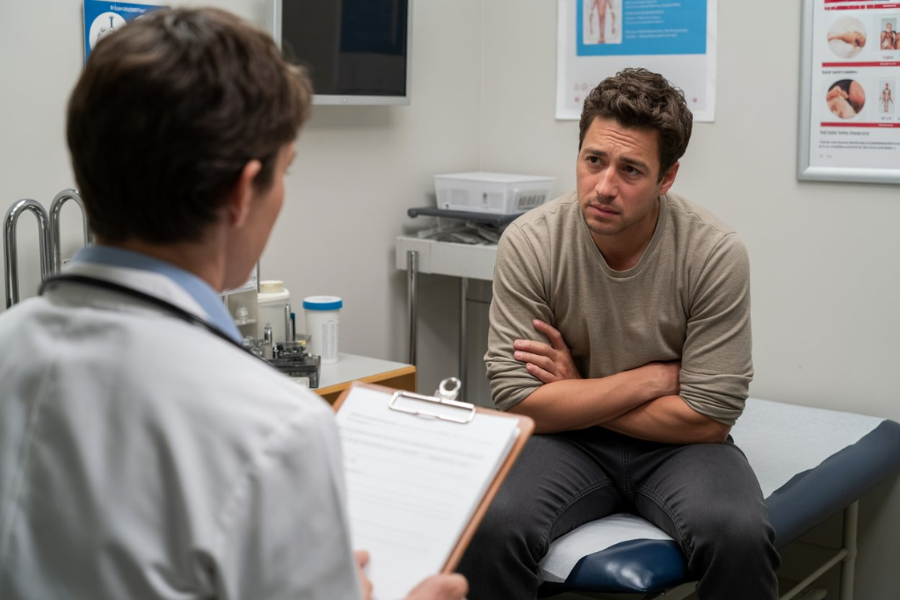 Concerned man sitting in a medical exam room with arms crossed, listening to a doctor holding a clipboard.