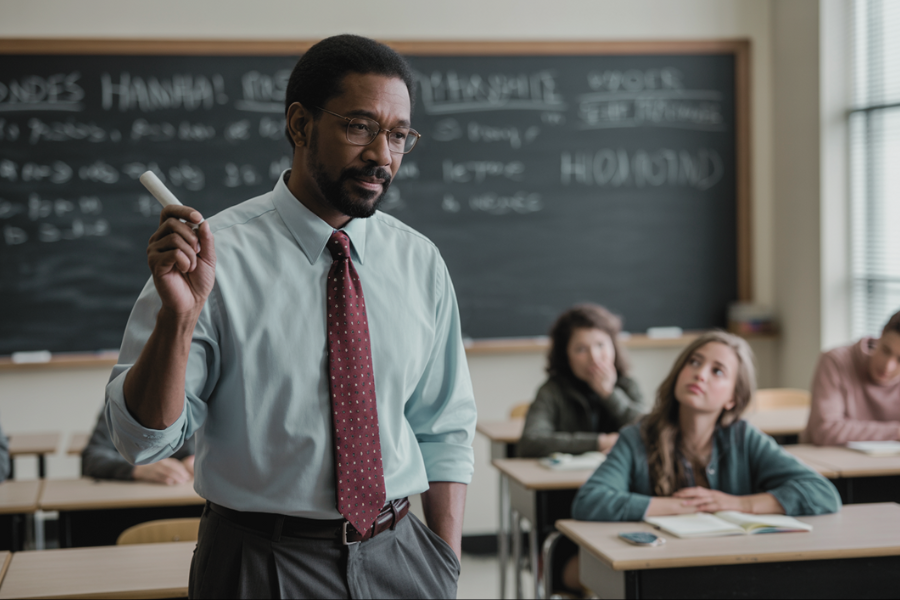 A teacher in a light blue shirt and red tie stands in front of a chalkboard, holding a piece of chalk while speaking to a classroom of students. The blackboard behind him is filled with handwritten notes.