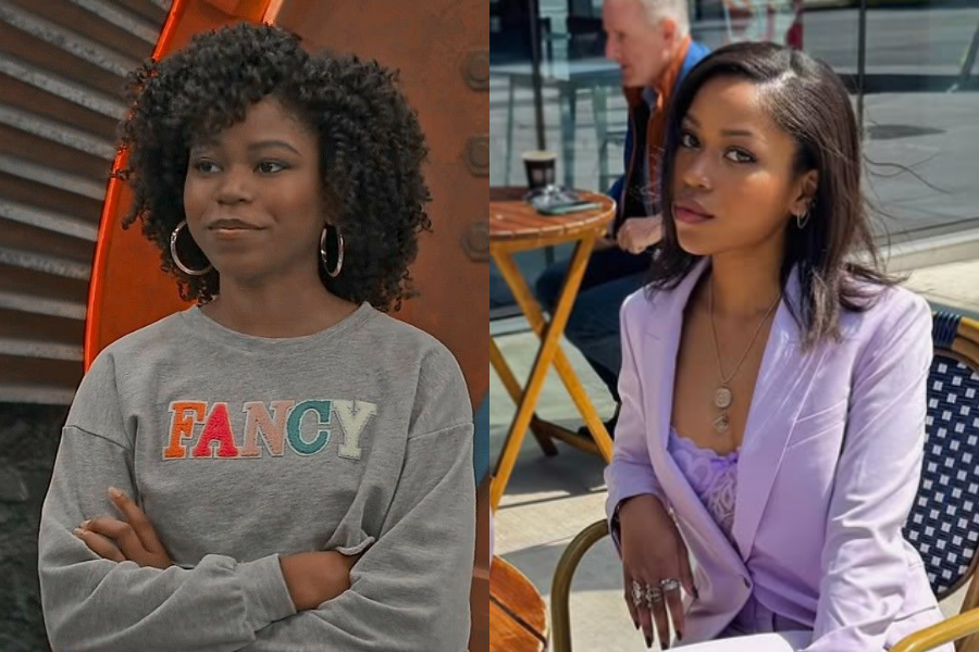 Riele Downs in a “Fancy” sweatshirt with curly hair in a kids' show, next to a present-day shot of her in a lilac blazer at an outdoor café looking poised and confident.