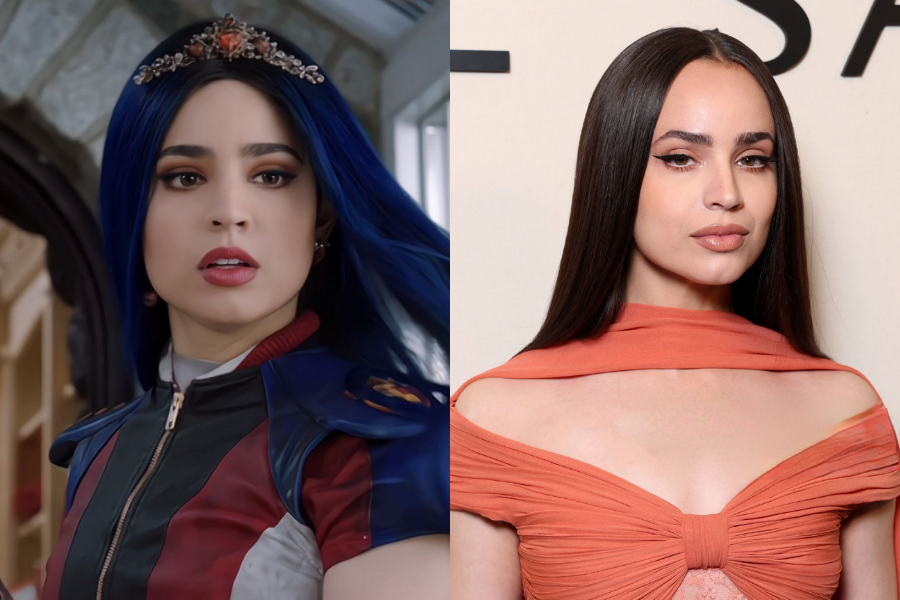 Sofia Carson dressed as her Disney character with long blue hair and a jeweled crown, beside a modern glam photo of her in a sleek orange gown with straight hair.