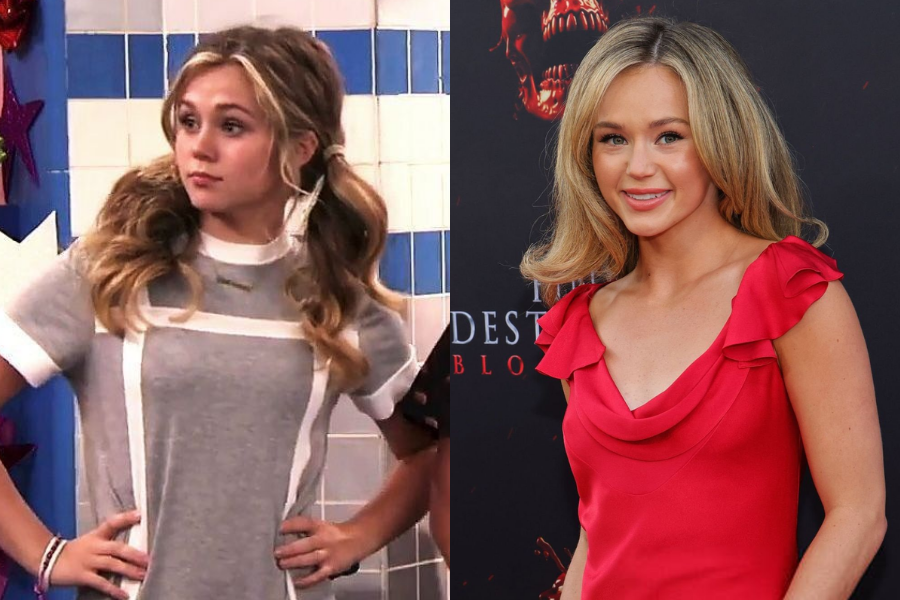 Brec Bassinger in a scene with pigtails and a gray and white dress, beside her grown-up look in a red dress at a film premiere with soft curls and a smile.