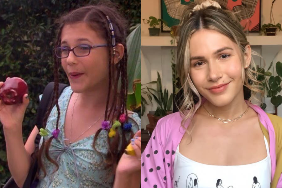 Allisyn Snyder as a quirky teen with colorful beads and braids holding an apple, next to her current look with a soft smile and pastel outfit.