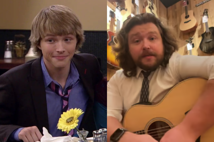Sterling Knight in a suit and playful expression during a sitcom scene, beside a recent image of him with long hair, a beard, and holding a guitar.