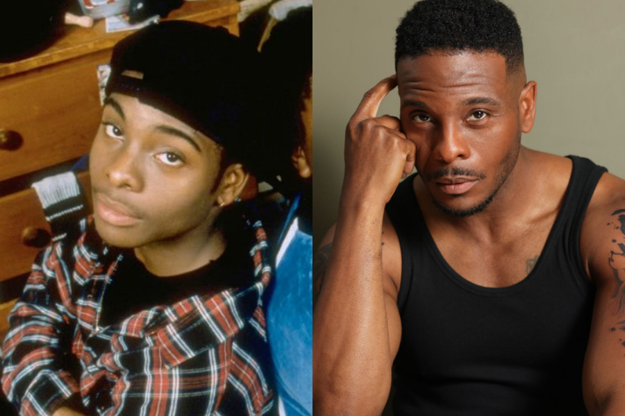 Kel Mitchell wearing a flannel shirt backwards in his youth, beside a current-day portrait in a black tank top, showing a confident and intense gaze.