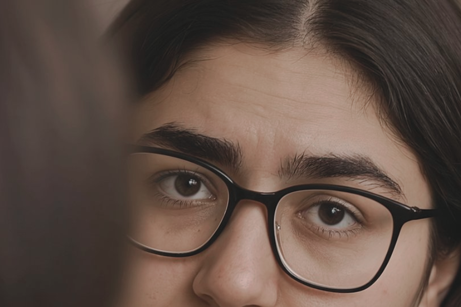 Close-up of a girl’s eyes behind black-rimmed glasses, with a concerned or focused look on her face. The shot captures only part of her face, emphasizing her intense gaze.