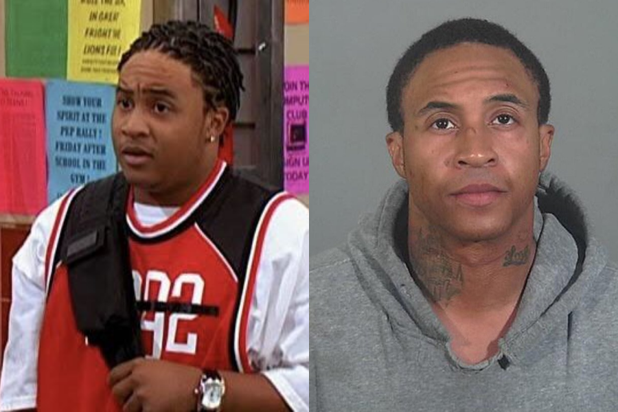 Orlando Brown in a red jersey as a teen sitcom character, next to a mugshot image of him as an adult wearing a gray hoodie with neck tattoos.