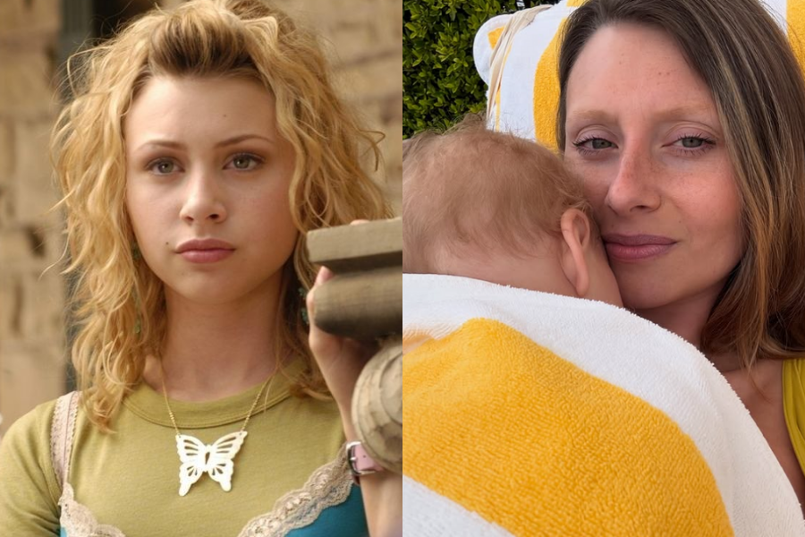Aly Michalka with blonde curls and a butterfly necklace as a young actress, next to a candid photo of her as a mother holding her baby wrapped in a yellow towel.