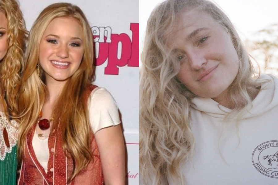 AJ Michalka smiling in a red vest and white tee at a red carpet event, beside a natural selfie in a hoodie with loose waves and minimal makeup.