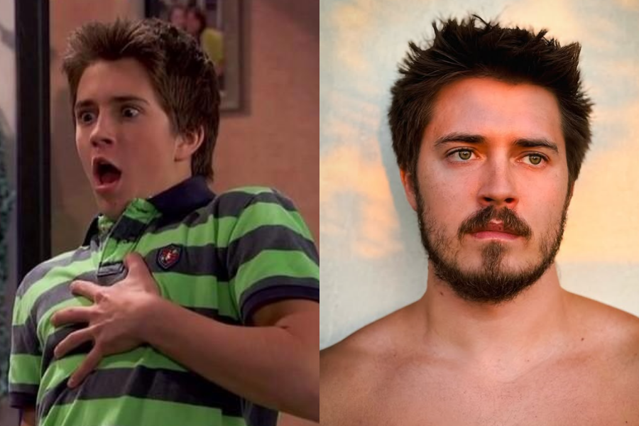 Billy Unger in a shocked expression wearing a green striped polo in a sitcom, next to a serious photo of him as an adult with facial hair and intense eyes.