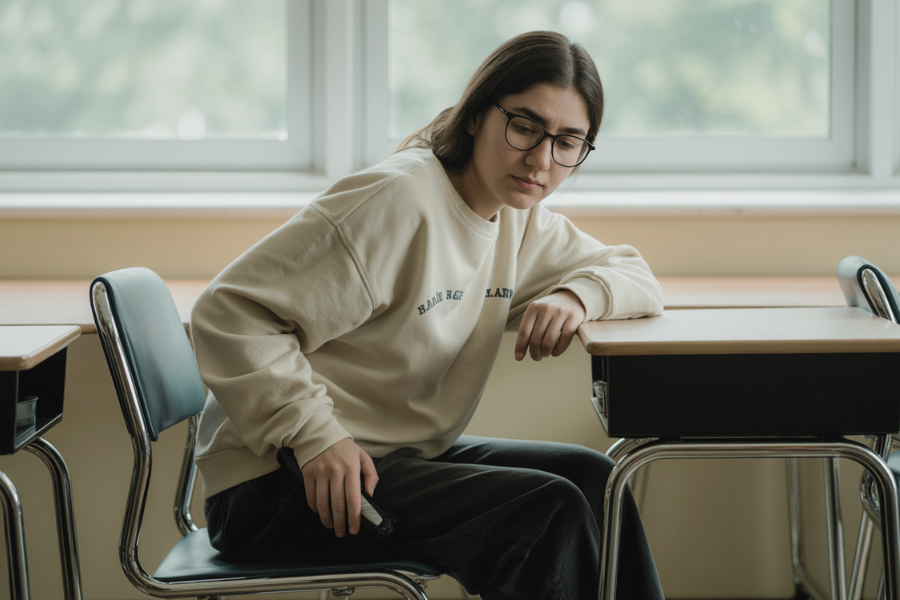 A girl in a beige sweatshirt sits sideways at a classroom desk, looking down with a troubled expression while holding a phone in one hand. The classroom is empty and softly lit.