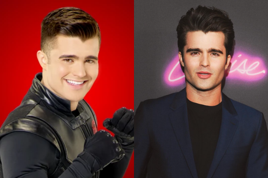 Spencer Boldman in a black superhero suit smiling with fists raised, beside a red carpet photo of him in a navy blazer with a confident and serious expression.