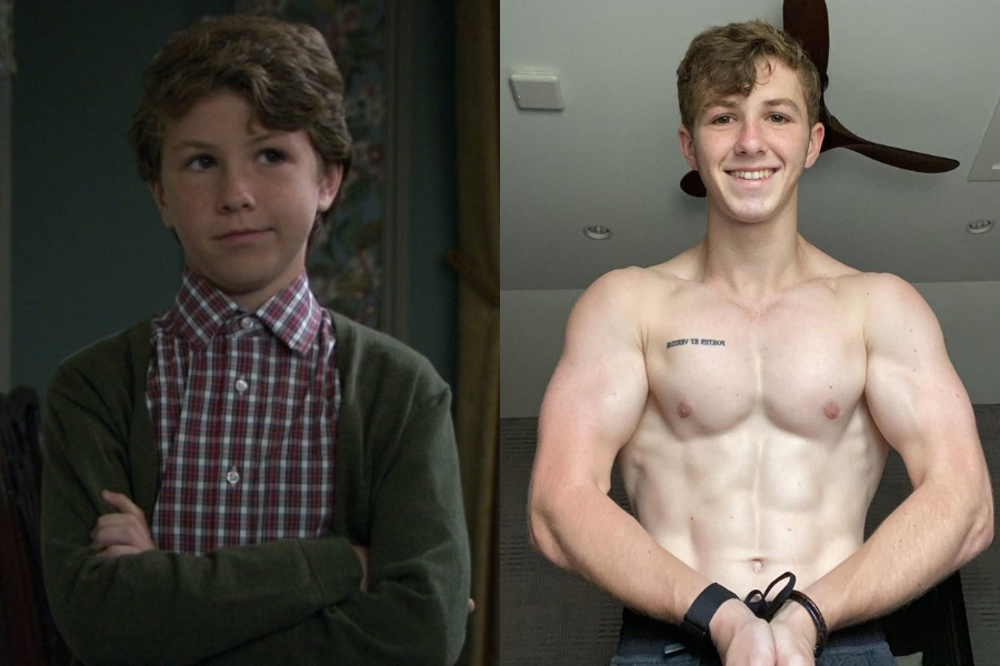 Child actor in a plaid shirt with a skeptical expression, beside a present-day shirtless photo showing a muscular, fit young man smiling.