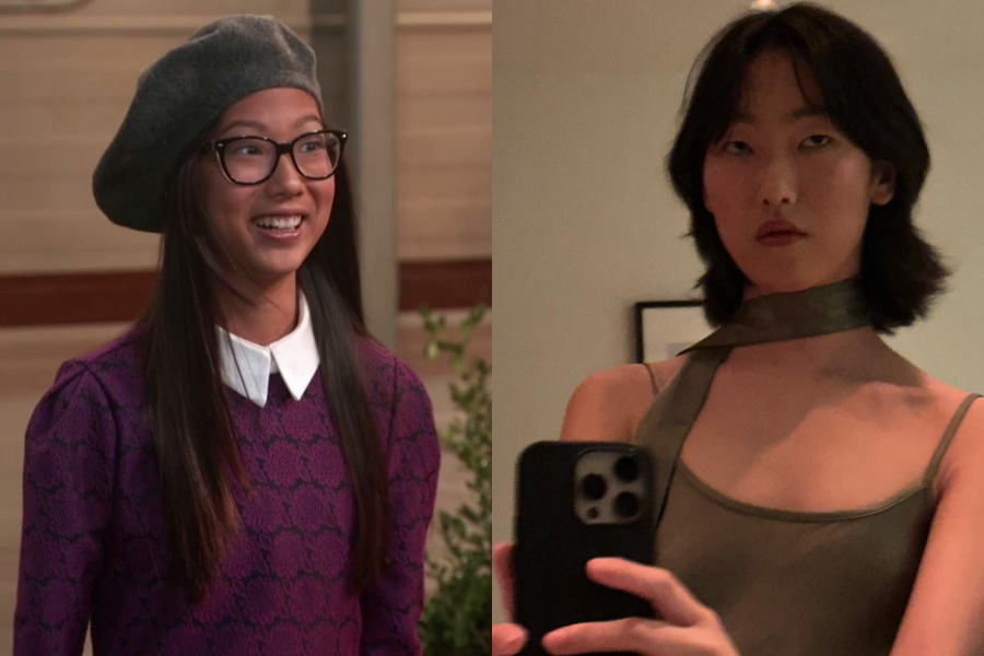Teen girl in glasses and a beret smiling in a school setting, next to a confident mirror selfie of her as an adult with a stylish short haircut and halter top.