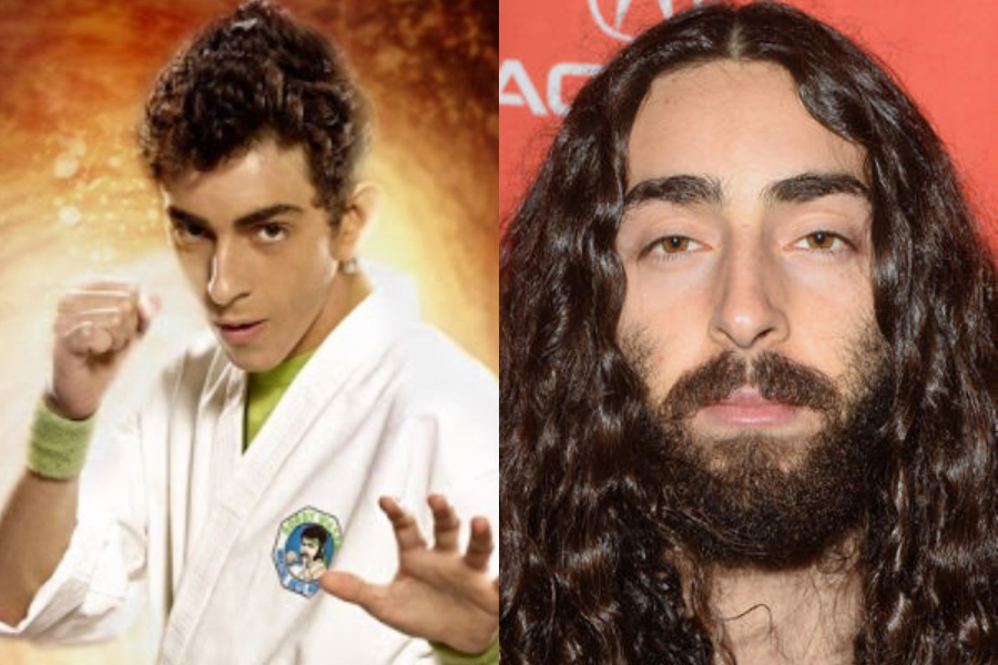 Young actor in a karate pose with spiked hair, beside a mature photo of him with long curly hair and a full beard at a red carpet event.