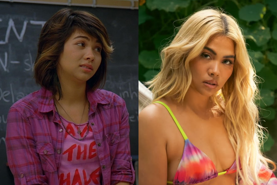 Teen girl with layered short hair in a classroom, beside a beachside image of her as an adult in a tie-dye bikini with long blonde hair.