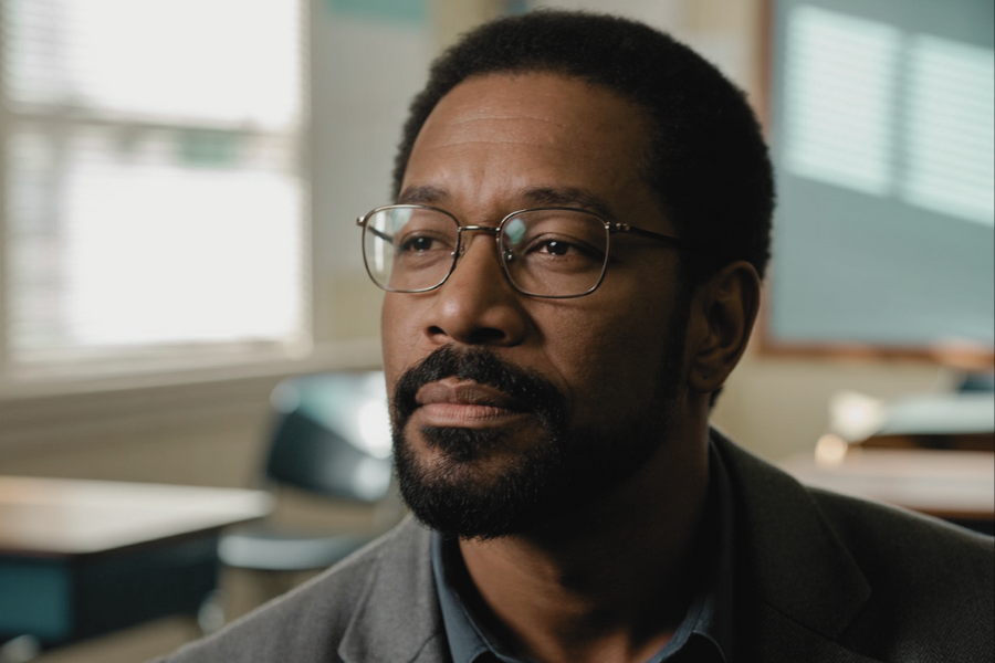 A middle-aged teacher with glasses and a neatly groomed beard looks pensively across a classroom. He wears a blazer and the background suggests a quiet, contemplative school setting.