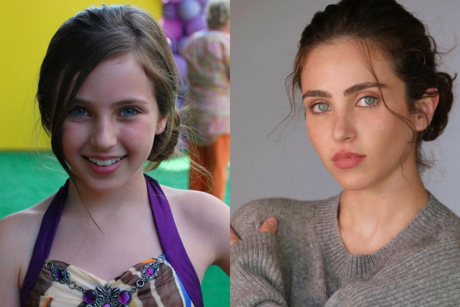 Child actress in a halter dress smiling on a green carpet, beside a striking portrait of her as an adult in a gray sweater with intense eye contact.