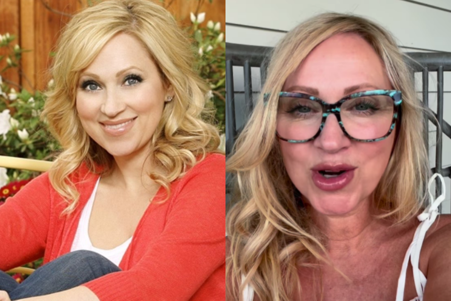 Blonde actress in a red cardigan smiling in a promotional photo, beside a more recent selfie wearing glasses and a white strap top, speaking directly to camera.