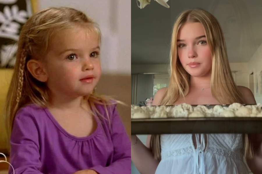 Young girl with braided hair wearing a purple top, beside a grown-up version of her in a white top holding a tray of cookie dough with a neutral expression.