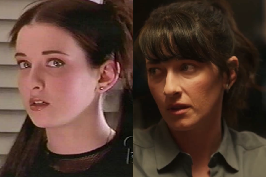 Pale young woman with dark pigtails and heavy lip gloss, next to a recent image of her with bangs and a serious look in a dimly lit scene.