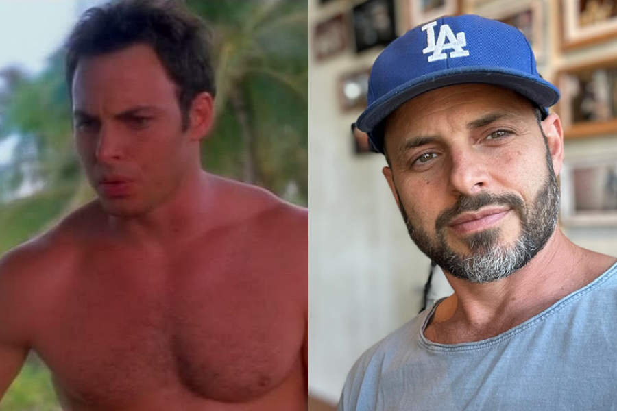 Shirtless man with short dark hair in a beach setting, beside an adult selfie in a blue LA cap and beard with a casual, confident smile.