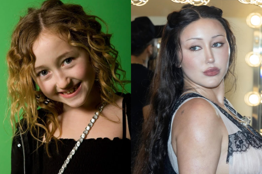 Girl with tight curls and a gap-toothed smile on a green background, beside an adult glam look with long dark hair and dramatic makeup in a backstage setting.