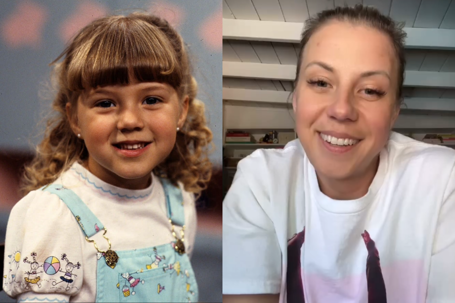 Child star with bangs and pigtails smiling in overalls, next to a recent video call image of her in a white shirt with a natural smile.