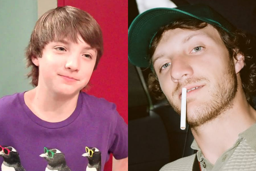 Teen boy with shaggy hair and a purple shirt featuring penguins, beside an edgy adult photo of him with facial hair, a cigarette, and a green cap.