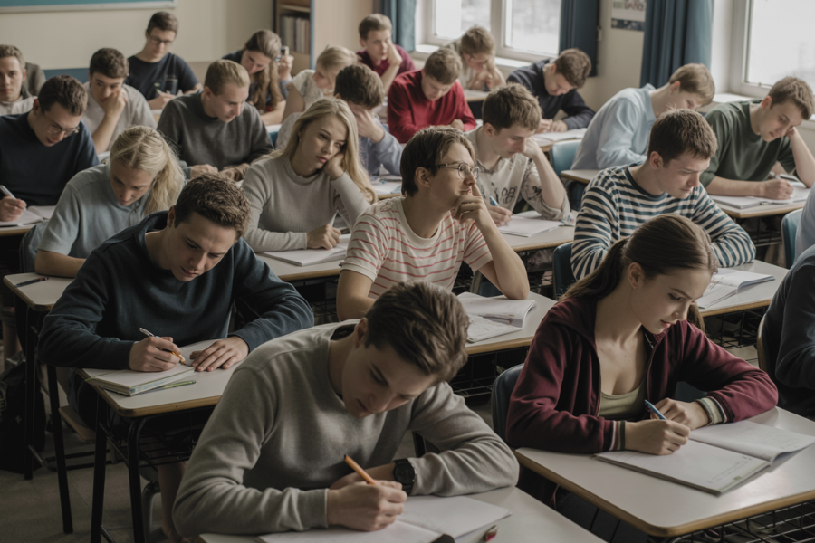 A large classroom filled with high school students sits in rows, all focused on writing in notebooks during what appears to be a test or quiet work session. The atmosphere is serious and concentrated, with students hunched over their desks in deep focus.