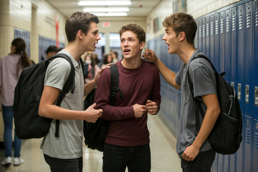 Three teenage boys with backpacks stand in a school hallway by lockers, talking animatedly.
