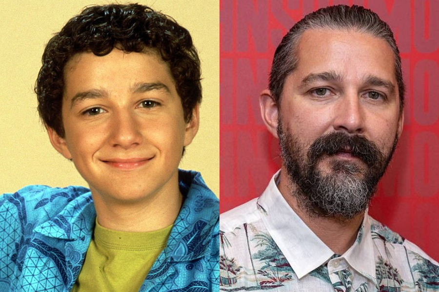 Shia LaBeouf as a young actor in a patterned blue shirt with short curls, next to a recent image of him with a full beard and slicked-back hair against a red backdrop.