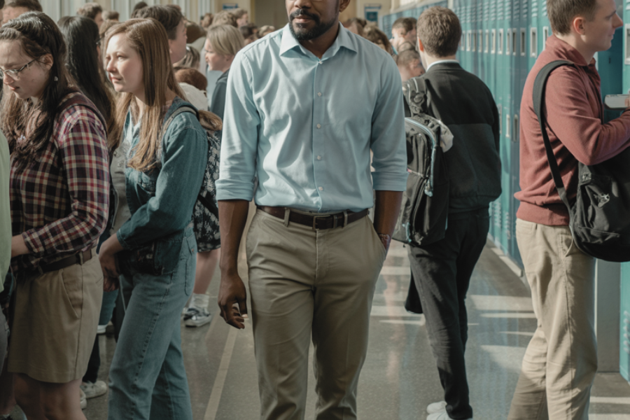 A school hallway crowded with students between rows of lockers. A man in a light blue shirt and khaki pants walks through the middle, possibly a teacher or staff member, with a serious demeanor.