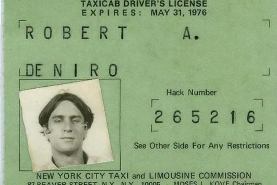1976 New York City taxi driver license for Robert A. De Niro with black-and-white ID photo and hack number 265216.