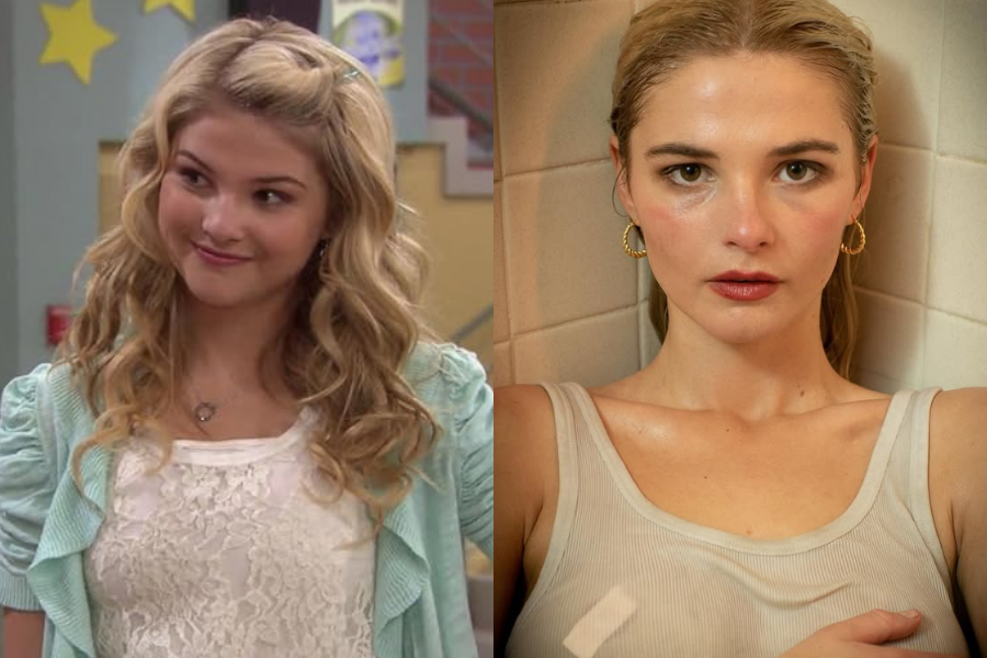 Blonde teen girl in a lacy top with side curls smiling in a sitcom set, beside a high-fashion photo of her in a white tank top with slicked-back hair and a bold stare.