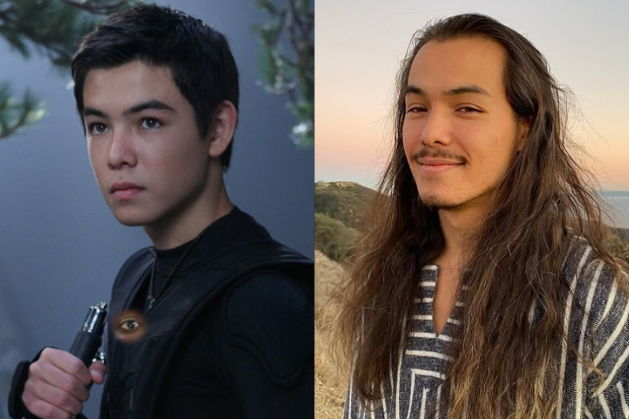Young actor in a spy costume holding a gadget, beside a relaxed adult photo with long flowing hair, a mustache, and striped poncho in a mountain setting.